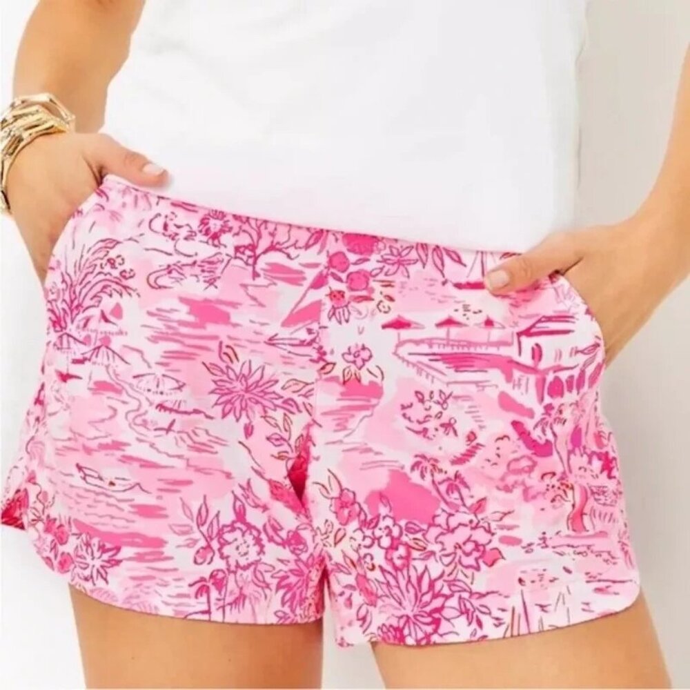 Lilly Pulitzer 5” Ocean View Pull On Shorts Peony Pink Seaside Scene Size Small